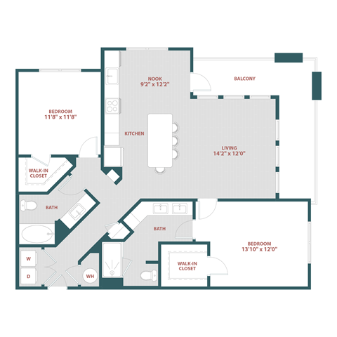 Floor plan for 2 beds, 2 baths, 1204 sqft